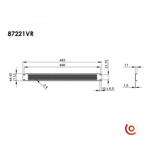 Panneau d’aération rackable en acier 1U87221VR-1 dessin technique
