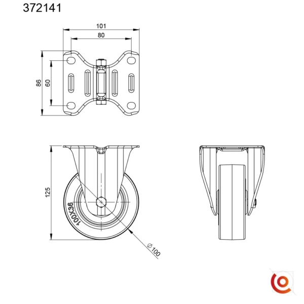 Roulette fixe de 100 mm 372071 plan technique