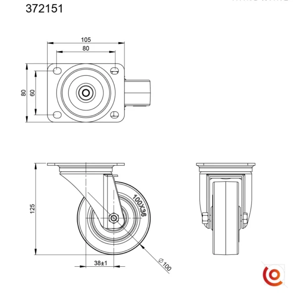 Roulette de 100 mm adam hall 372151sans frein avec bandage bleu plan tec