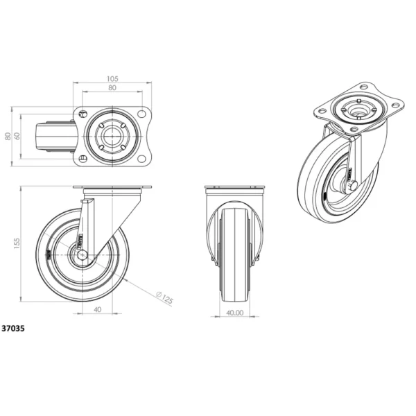 Roulette de 125 mm sans frein 37035