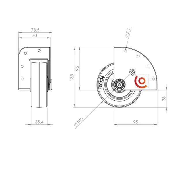 Roulette d'angle encastrée 37300s diamètre 100 mm dessin technique